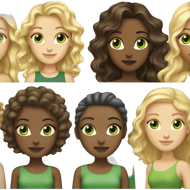 4 girls one blonde with green eyes, one curl and blonde hair with green eyes, one brunette with dark eyes, one dark blonde with green eyes emoji