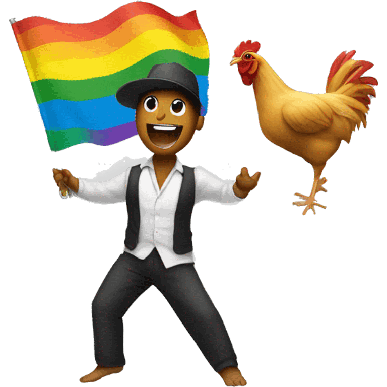 Dancing man with pride flag and a chicken emoji