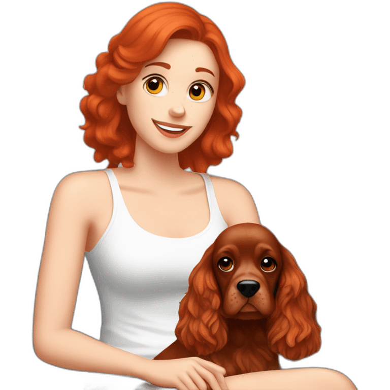 Red hair woman in white singlet sitting red english cocker spaniel on her lap emoji