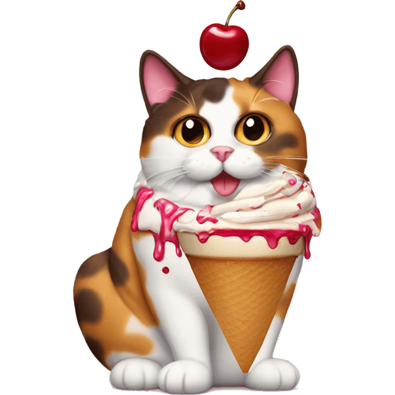 Fat calico cat with cherry sundae emoji