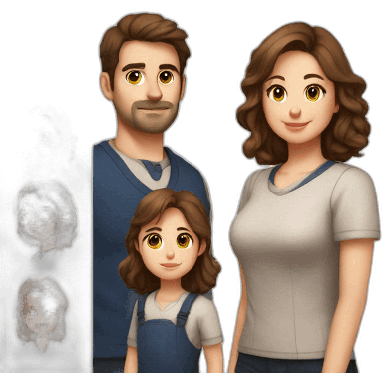 Family photo with father 28 years old 110kg space engineer with brown hair, mother school teacher 27 years old 100kg brown eyes and brown hair, baby 15 months brown hair emoji