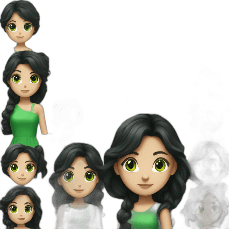 A girl with long black hair and a green dress with green eyes  emoji