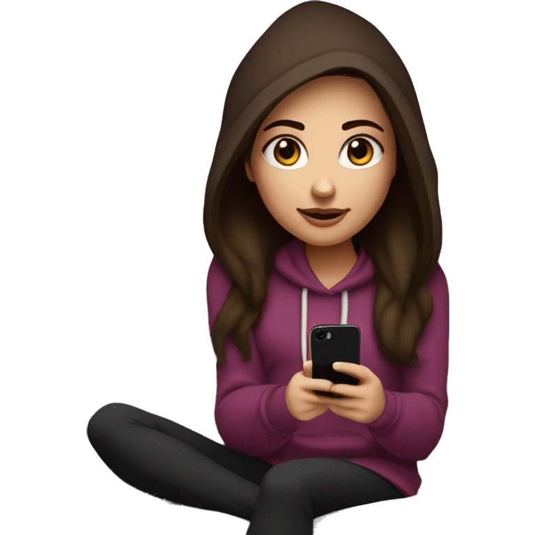 A cute girl with burgundy dark brown hair with red eyes on her iPhone 16 Plus on a couch with a purple hoodie and black leggings. Her hair is long and she has blue eyes. emoji