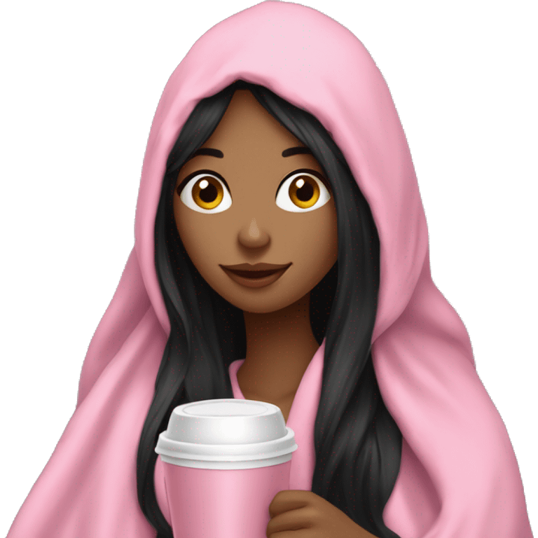 very long black hair pretty girl in a pink blanket sipping coffee emoji