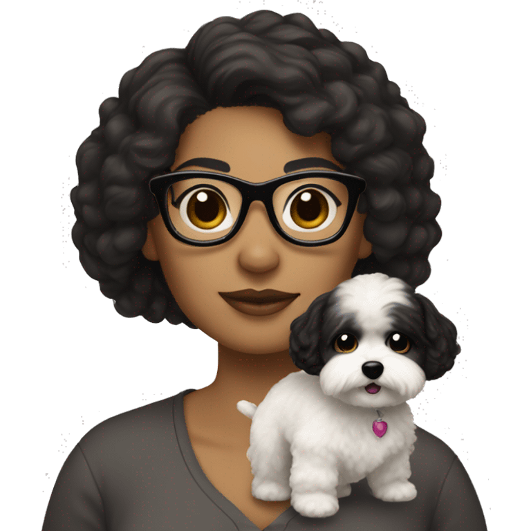 Light brown woman with black hair and black  glasses holding white MaltiPoo emoji