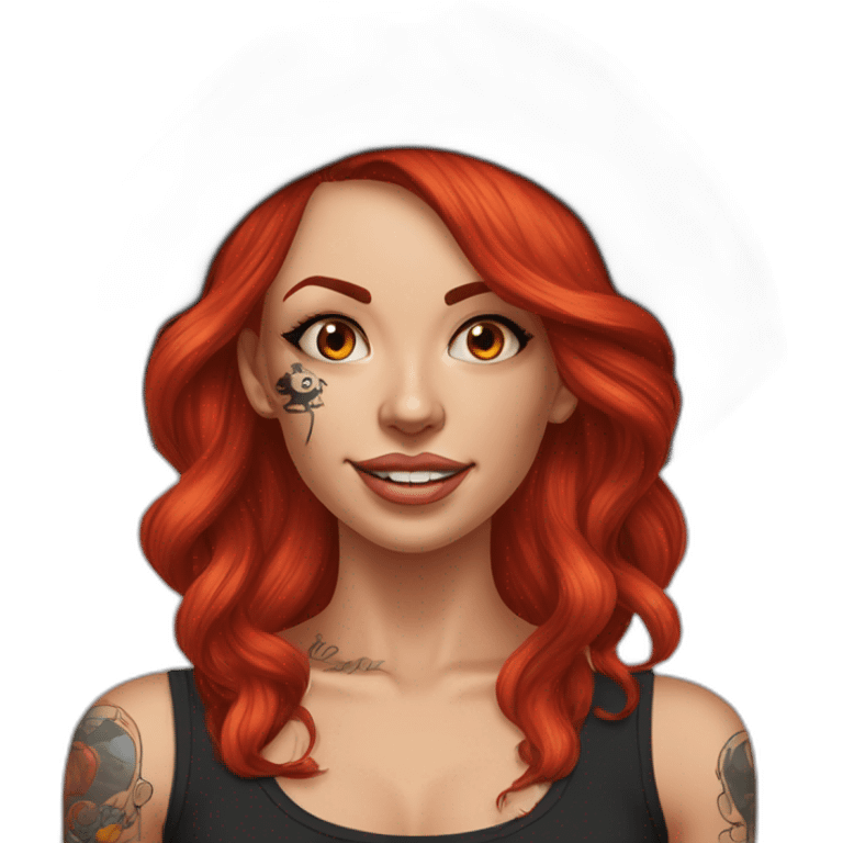 Woman long red hair on one side, tattoo on side of head. other side of head is shaved. Tattoo under shaved hair. pirate hat, skull and crossbones t shirt emoji