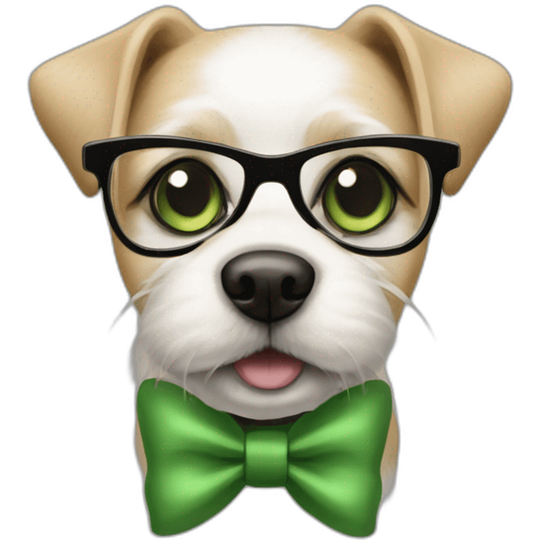 medium-bege-and-white-dog-with-green-eyes-and-black-glasses-and-green-bow emoji