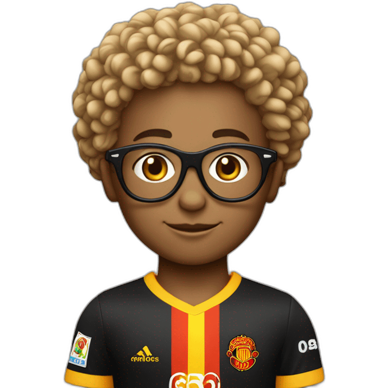 Un petit garçon aux cheveux bouclés et avec des lunettes accompagné de sa petite soeur avec des maillots du RC Lens emoji