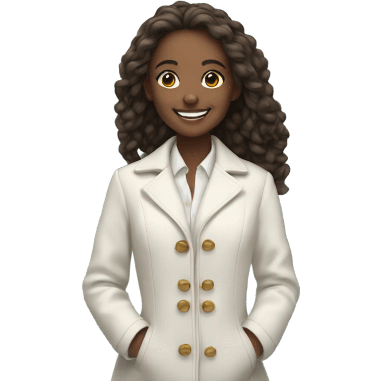 smiling girl by the water with a white blouse and a coat  emoji