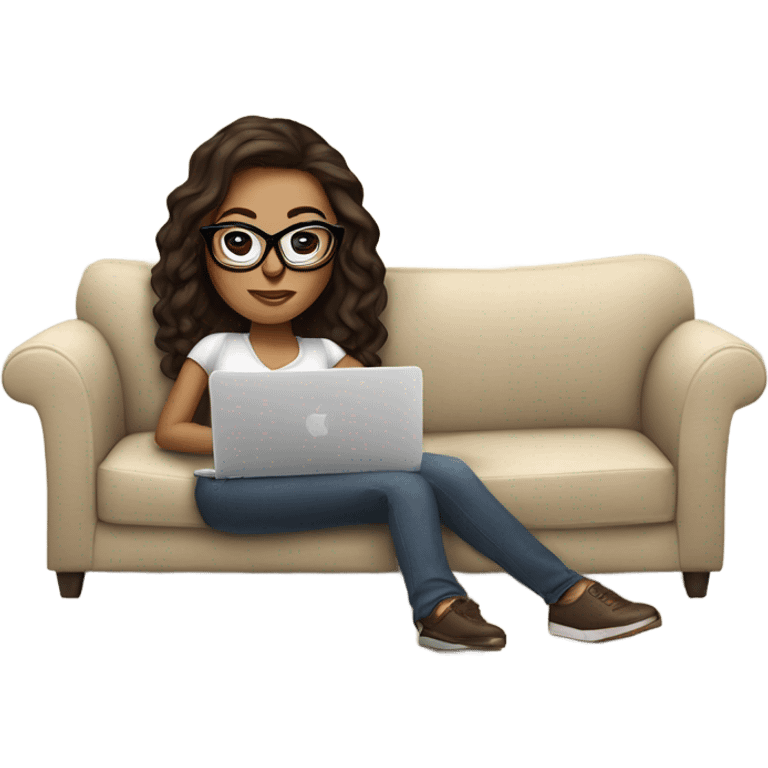 brunette girl laying on a cream colored couch with brown pillows with glasses on and a laptop on small table in front with coffee cup on mouse pad emoji