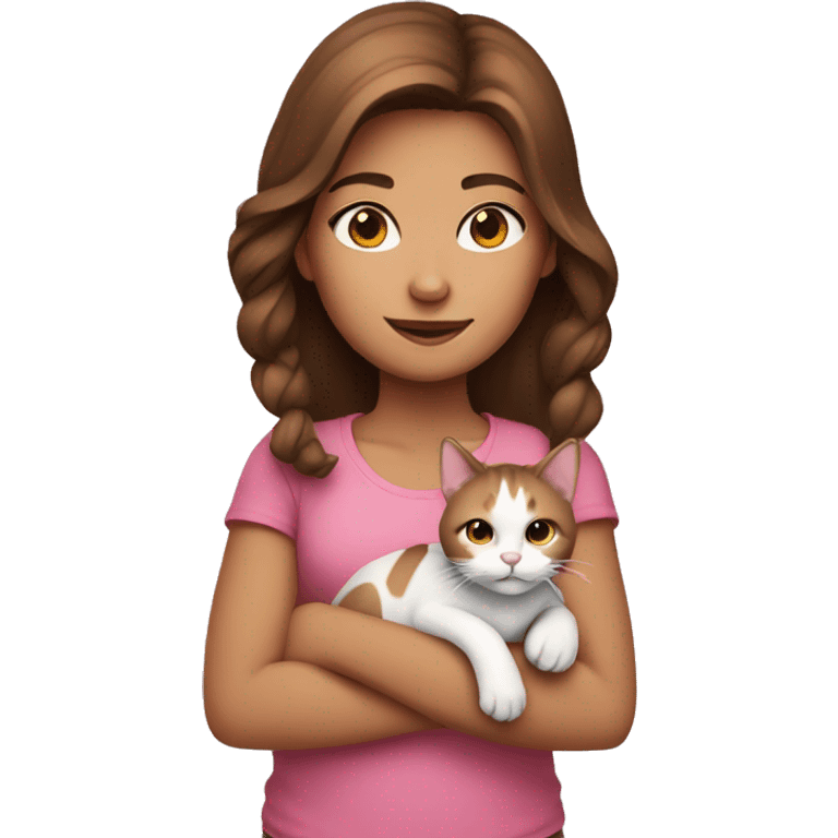 Girl with pink top and brown hair holding a cat emoji