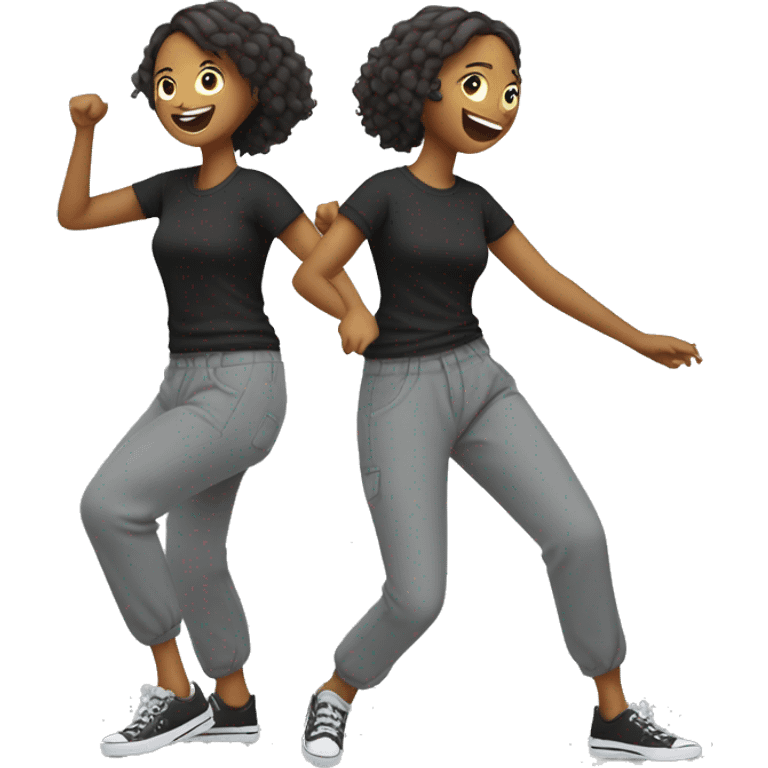 Girl in black t-shirt with white text on it, in baggy grey trousers is dancing emoji