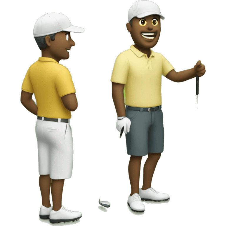 Two white men on golf course green near water emoji