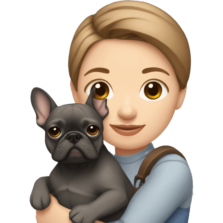 light brown hair woman hugging a dark gray french bulldog emoji