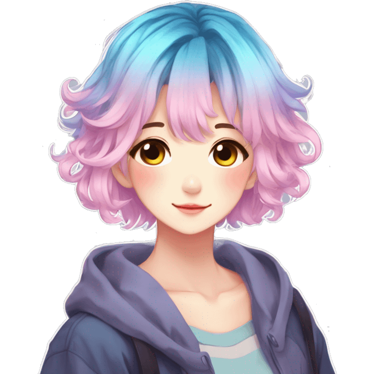 Gorgeous anime style shojo character with blushing face aesthetic and pretty colorful shiny gradient pastel hair with hair garment trending style emoji