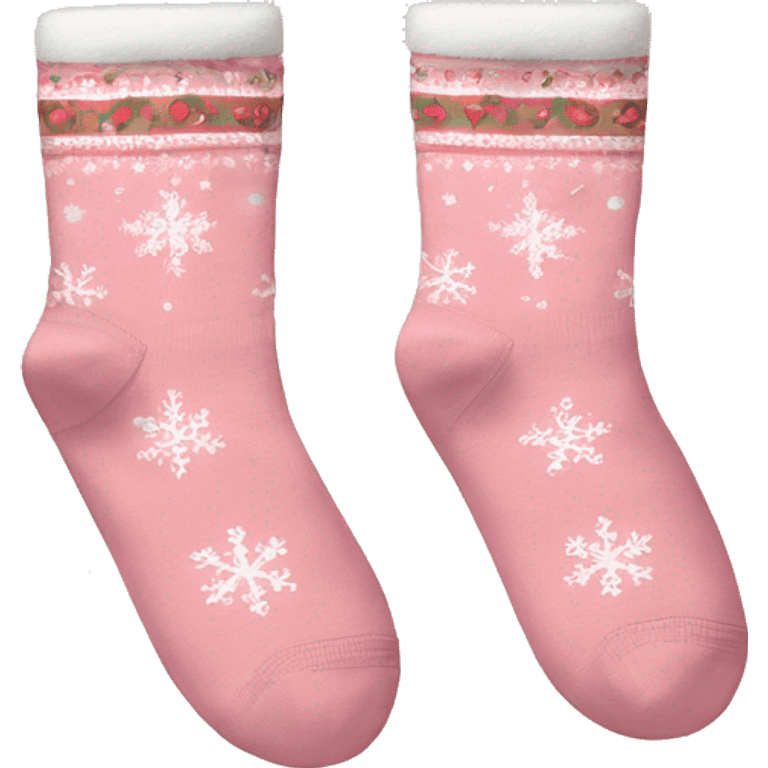 a pair of light pink socks adorned with a christmas pattern emoji