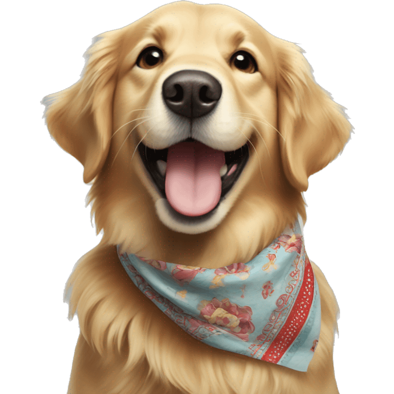 Happy golden retriever in bandana excited to see  emoji