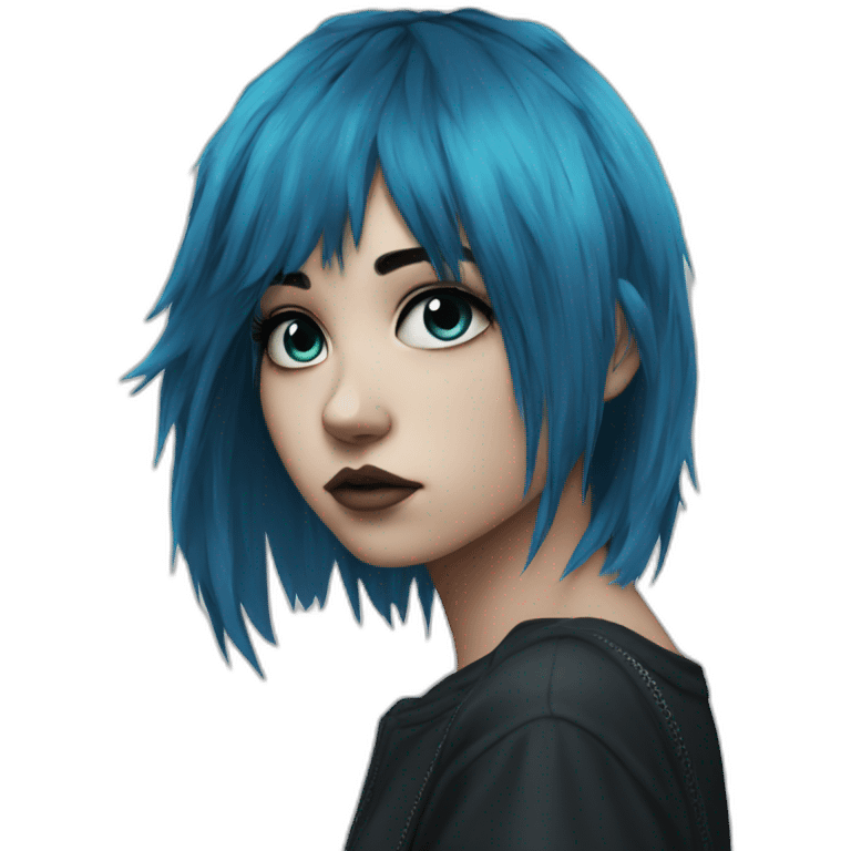 Side profile sad emo girl, black makeup, long choppy blue hair side bangs emoji