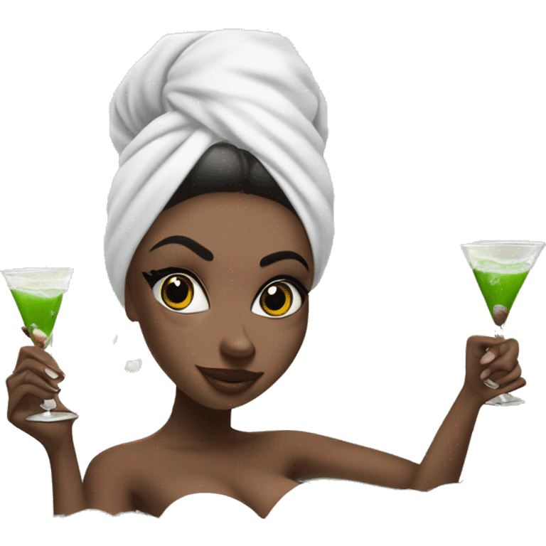 Girl with white towel wrapped around hair and cucumbers on eyes with manicure  holding a martini glass and bottle in black high heels kicking feet out in bubble bathtub  emoji