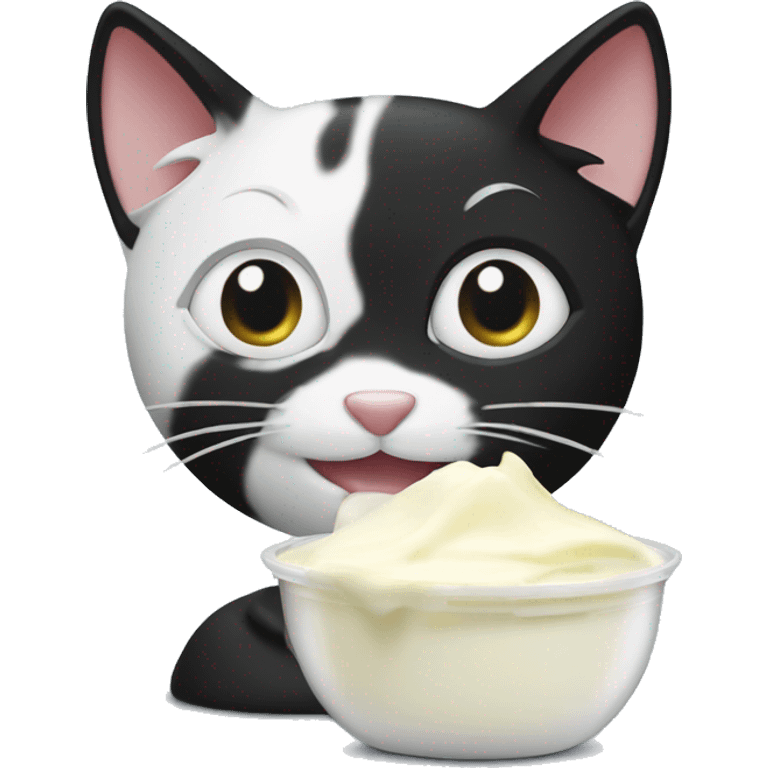 A black/white cat who is eating yoghurt  emoji