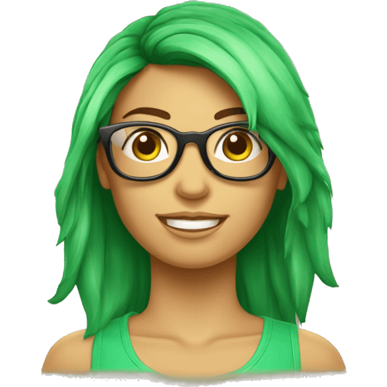 Chica con pelo largo ondulado con gafas de sol en la cabeza y ojos verdes  emoji