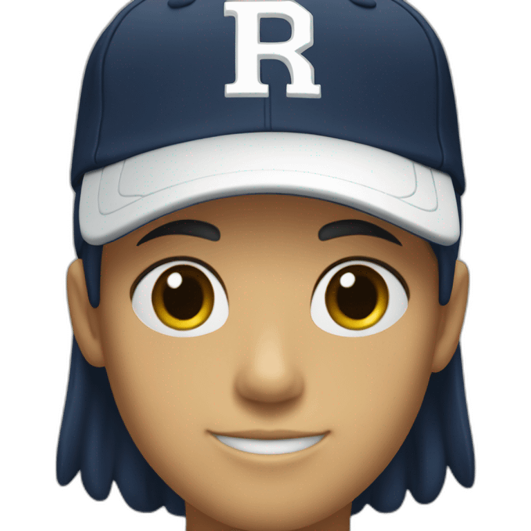 a navy baseball cap with a small white letter R on the front emoji