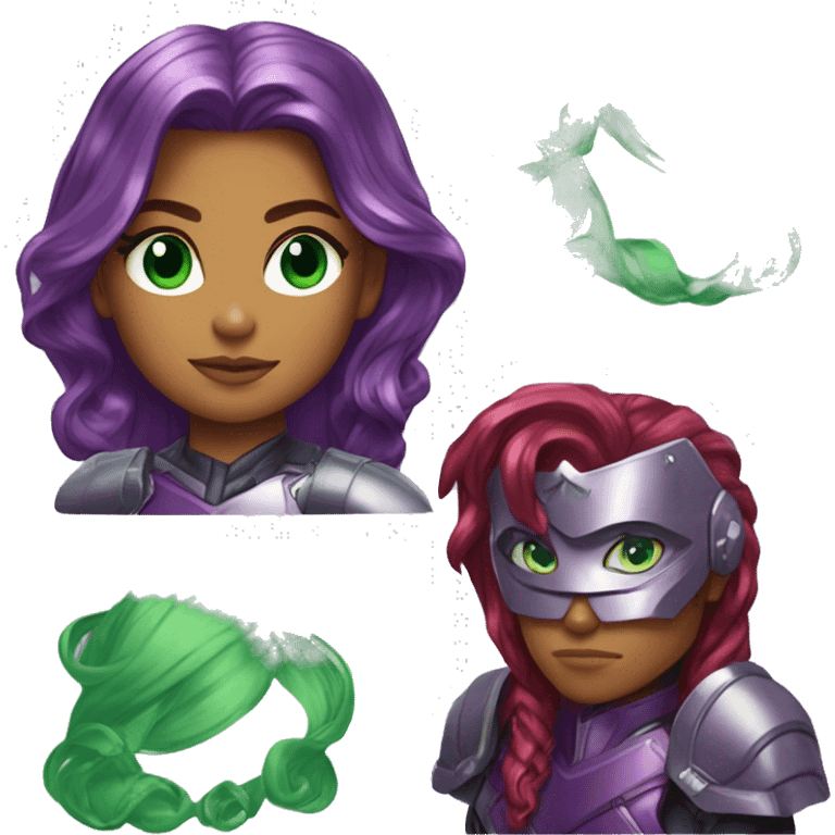 dc comics starfire red hair; purple silver armor; jade green eyes emoji