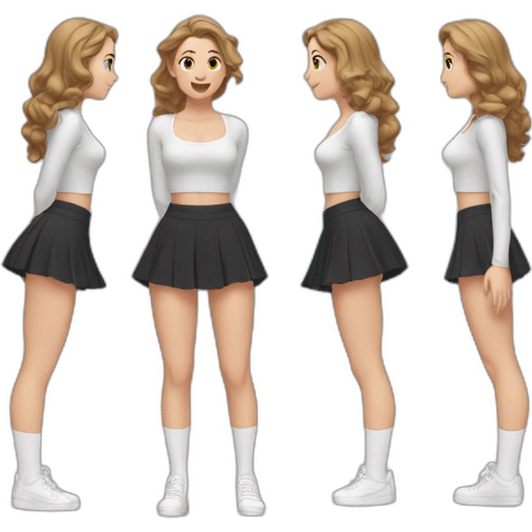 alistic-full-body-caucasian-curvy-beauty-jumping-short-black-skirt-back-and-front-views-strong-wind-white knickers-long-white-socks emoji