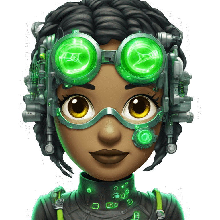 Neon green bobbed hair Latina female cyborg head with silver steampunk goggles and circuits emoji