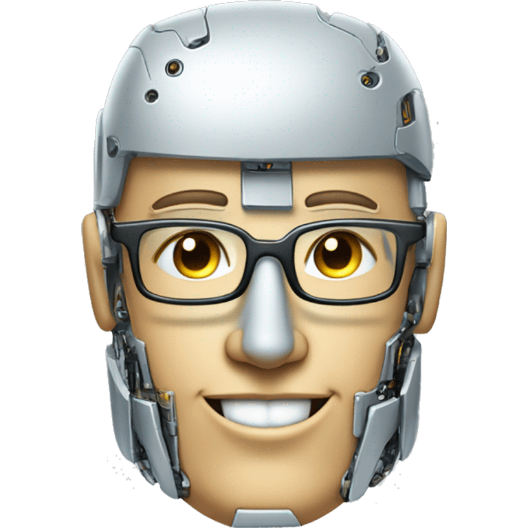 Robotic Cyborg head with fair skin, flat top haircut, rectangular glasses, circuits and smiling  emoji