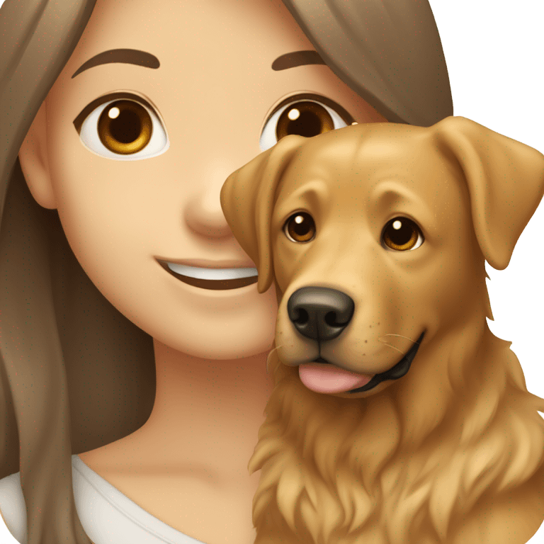 Smiling girl with long brown hair and a shaggy golden Labrador dog with brown eyes emoji