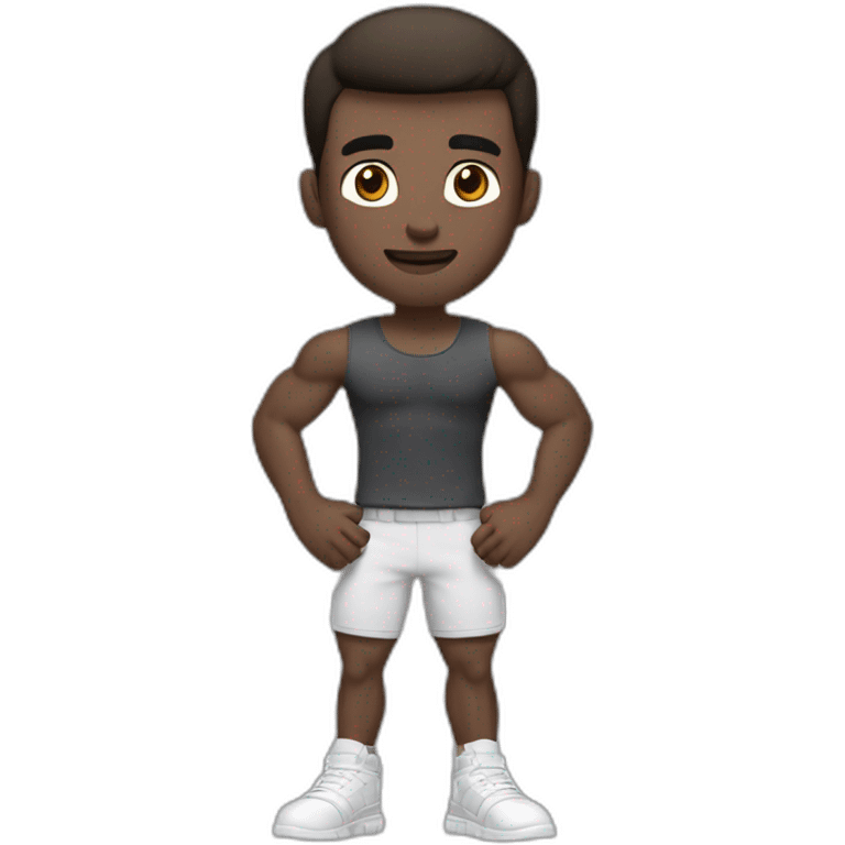 Close up Actively gesturing  with hands Pale skinned Fit Man With the biceps and brown hair in dark gray Sleeveless Mike, black oversize sports shorts, watch and white Sneakers emoji