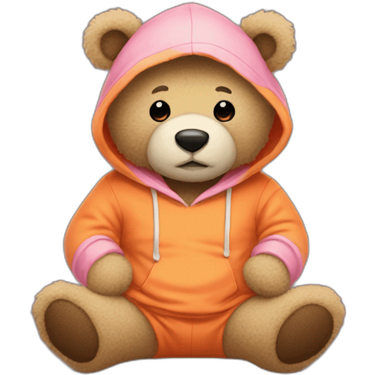 A cute light-beige teddy bear wearing an orange hoodie. His eyes are black. He's sitting on his buttocks. He has a pink sock. emoji