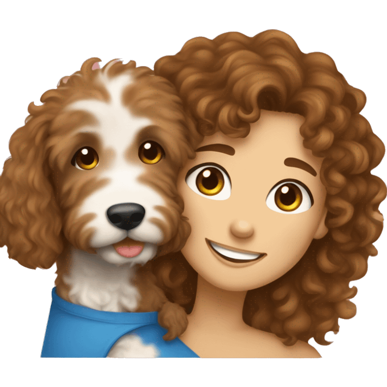 Girl with curly brown hair and blue eyes hugging a Goldendoodle and smiling emoji