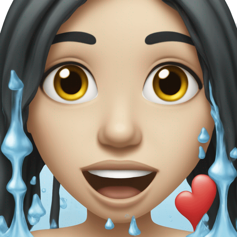 Emoji of a black-haired, white-skinned girl with water coming out of her mouth and hearts coming out of her head. emoji