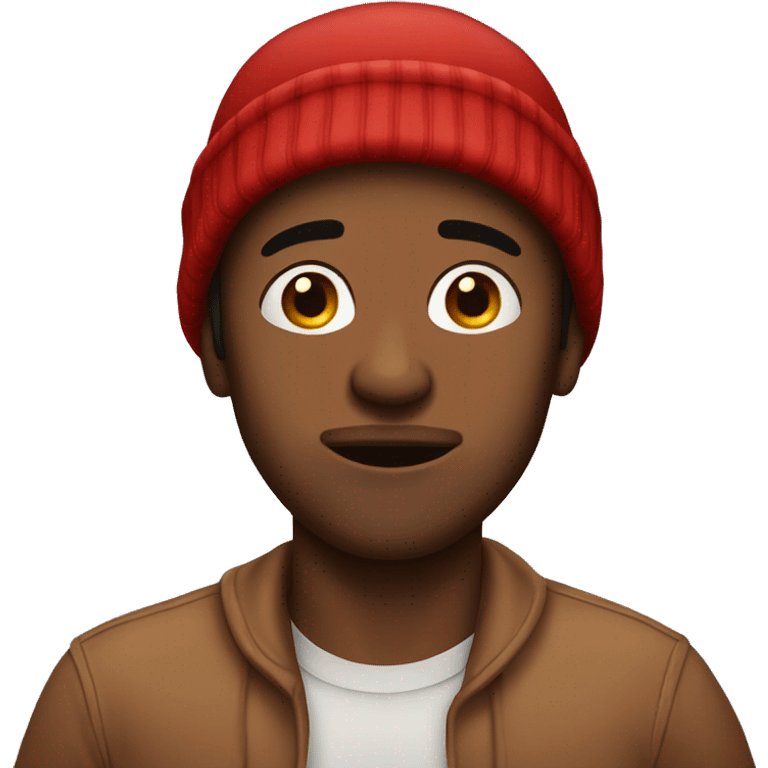 Brown skinned man with chapped lips and red beanie feeling ill emoji