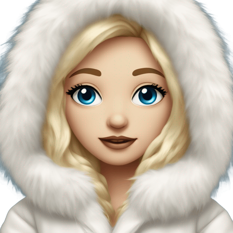 Beautiful Girl with lashes and blue eyes, blonde hair, in a extremely big fluffy oversized white fur coat with hood on. The fur is real and it’s very obvious big and fluffy  emoji