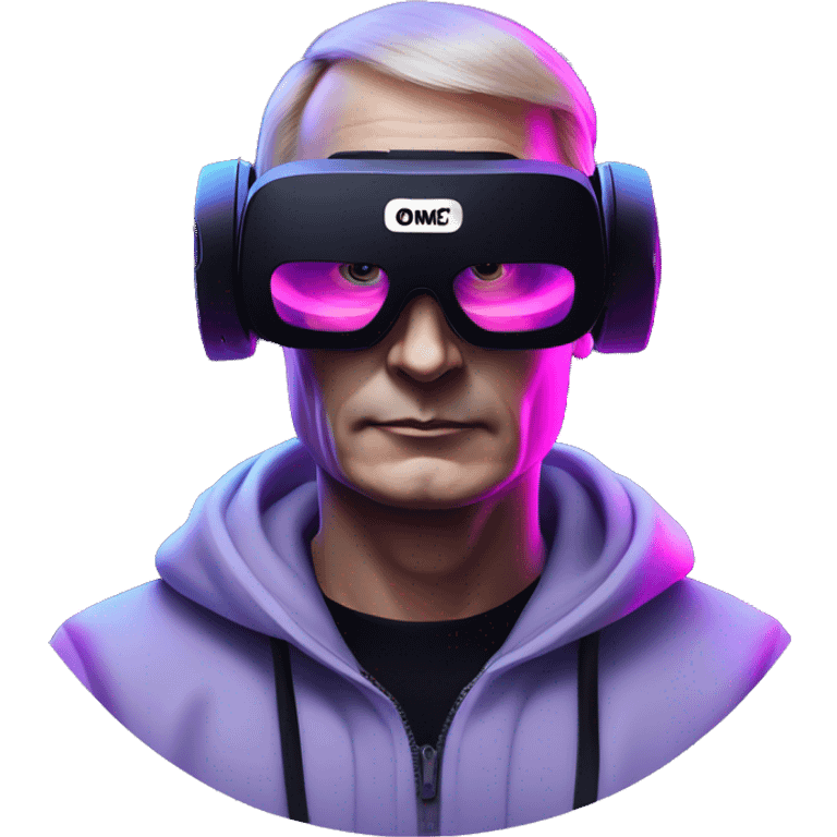 Putin wearing a black hoodie with "OMG" letters on it and VR headset oculus quest 2 in a cyberpunk VR environment with violet neon lighting. emoji