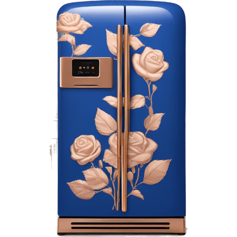 Realistic cobalt blue and rose gold retro vintage fridge with rose gold flower pattern on it. emoji