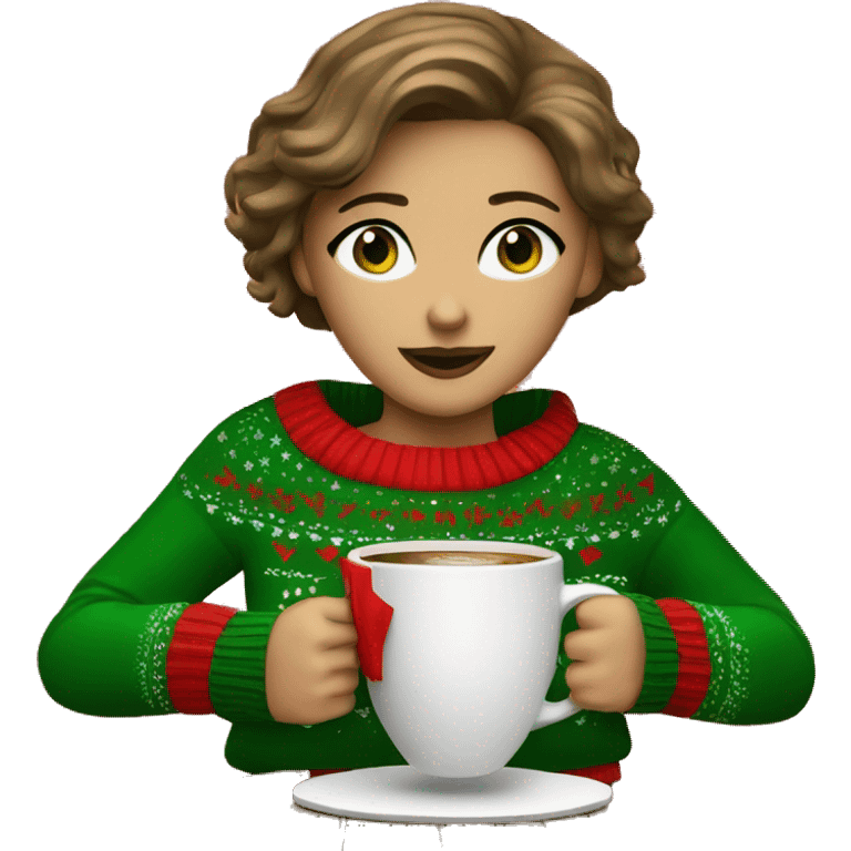 Light brown short haired girl with green eyes drinking coffee wearing red Christmas sweater emoji