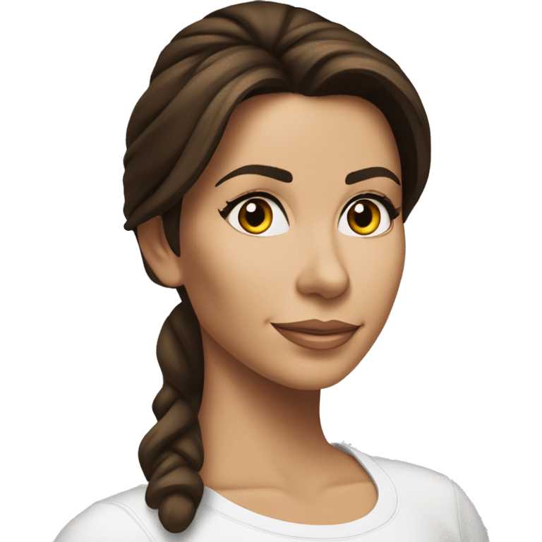 3/4 face, contrasted, shadow, light, Eva Longoria expression, standing from a distance, thin nose, brunette woman, hazel eyes, long eyelashes, dark shoulder shaded hair, white t-shirt, jeans, white sneakers emoji