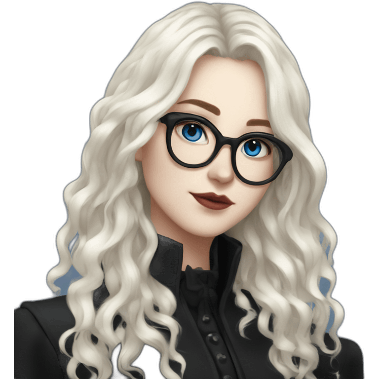 full length girl in a black coat and goth black boots, glasses, blue eyes, white skin, curly black long hair and aristocratic high cheekbones emoji