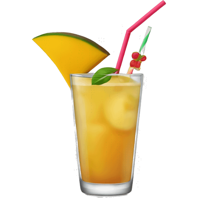 cocktail in a tall glass with a slice of mango and a straw emoji