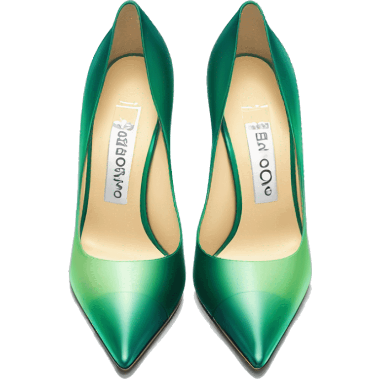 Realistic isolated top view of a pair of emerald green to mint green ombre Jimmy Choo peep toe stiletto high heel shoes.  emoji