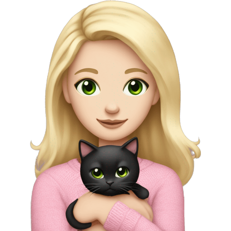 Pretty green eyed white girl with blonde hair in a pink sweater holding a black cat emoji