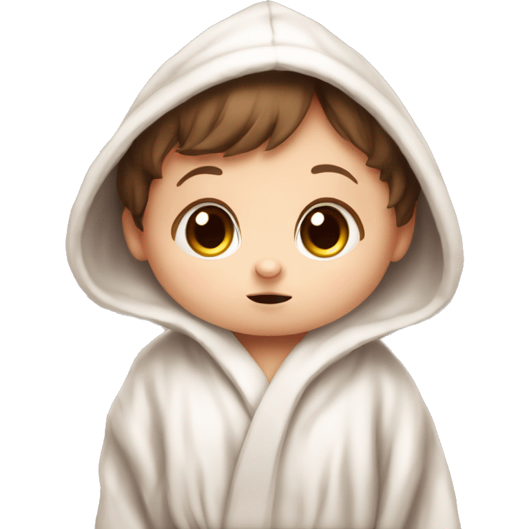 very sad portait of brown haired adorable baby rabbit in big bathrobe and big cute eyes emoji