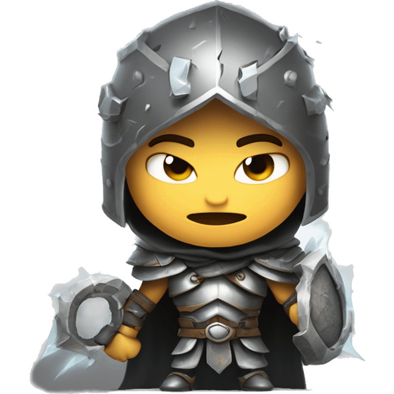 Design a powerful, resilient character breaking through heavy chains and dark fog, wearing cracked armor with a determined expression, surrounded by shattered obstacles, and illuminated by a piercing light. emoji