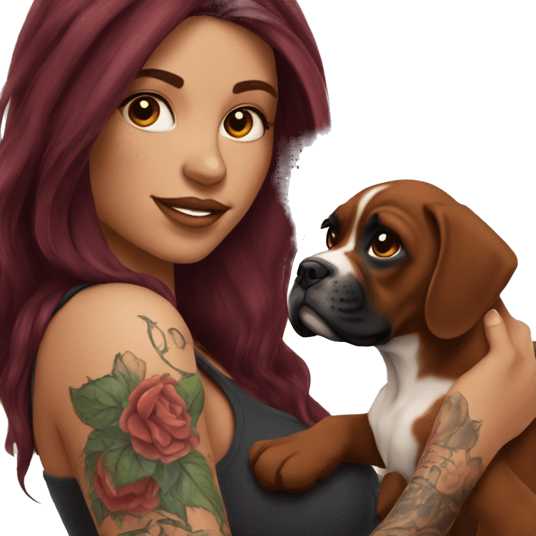 Beautiful tattooed  burgundy long haired woman holding a boxer puppy emoji