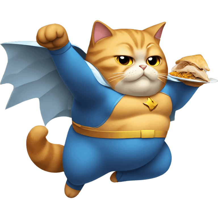 Fat superhero cat flying eating chicken emoji