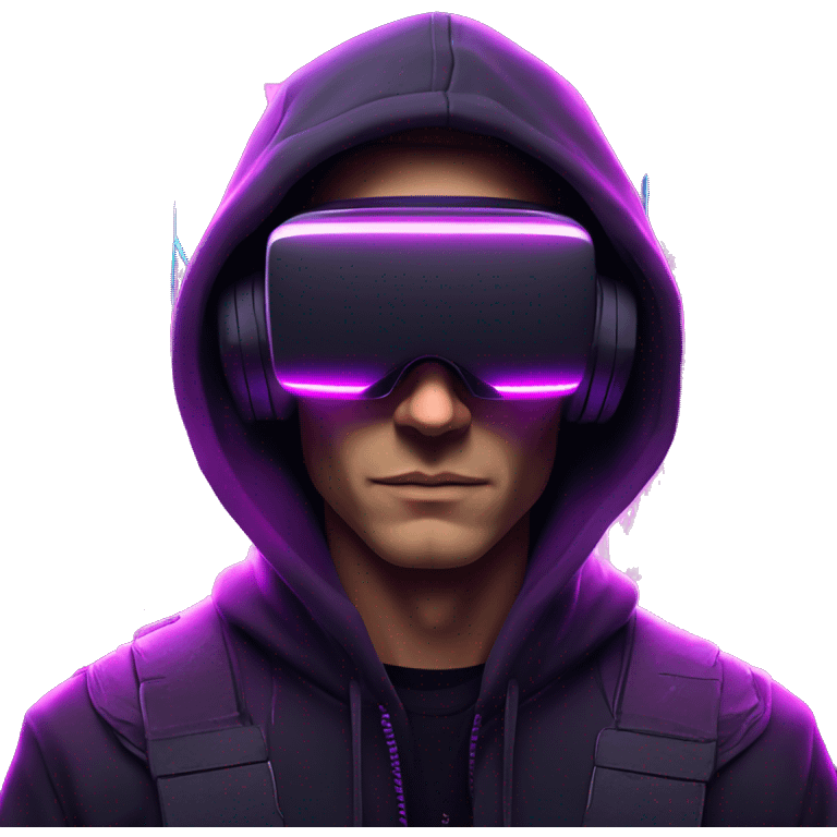 Russian man wearing a black hoodie with "OMG" letters on it and VR headset in a cyberpunk VR environment with violet neon lighting. emoji